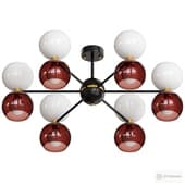 A series of designer chandeliers with two types of shades arranged in pairs