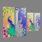 two stained glass windows with a floral pattern and a peacock