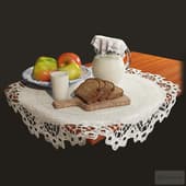 rustic still life with a jug of milk, apples and bread