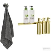 a stworki shelf with liquid soap dispensers and a towel.