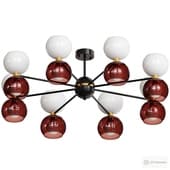 A series of designer chandeliers with two types of shades arranged in pairs