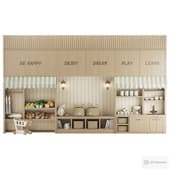 a game wall with themed compartments and overhead cabinets