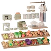 set for children's play kitchen (appliances, dishes, food)