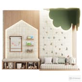 a children's play area with a swedish wall, decorative wood and a place for drawing
