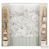 custom-made children's furniture (shelving and decorative upholstered wall)