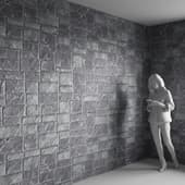 the wall is made of black stone in relief
