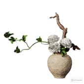 bouquet with white peonies in an aged pot
