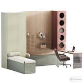 a minimalistic workplace and a 3-shelf cabinet
