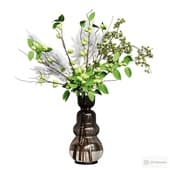 bouquet of bonsai pine twigs, plum with green fruits and dried cortaderia flower.