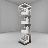 glass showcase with led lighting and wooden base