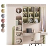 a home office is a workplace with open shelving and a closet